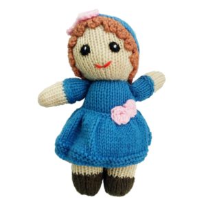 Knitted character doll with a blue dress