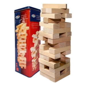 Wooden tower game and tin container