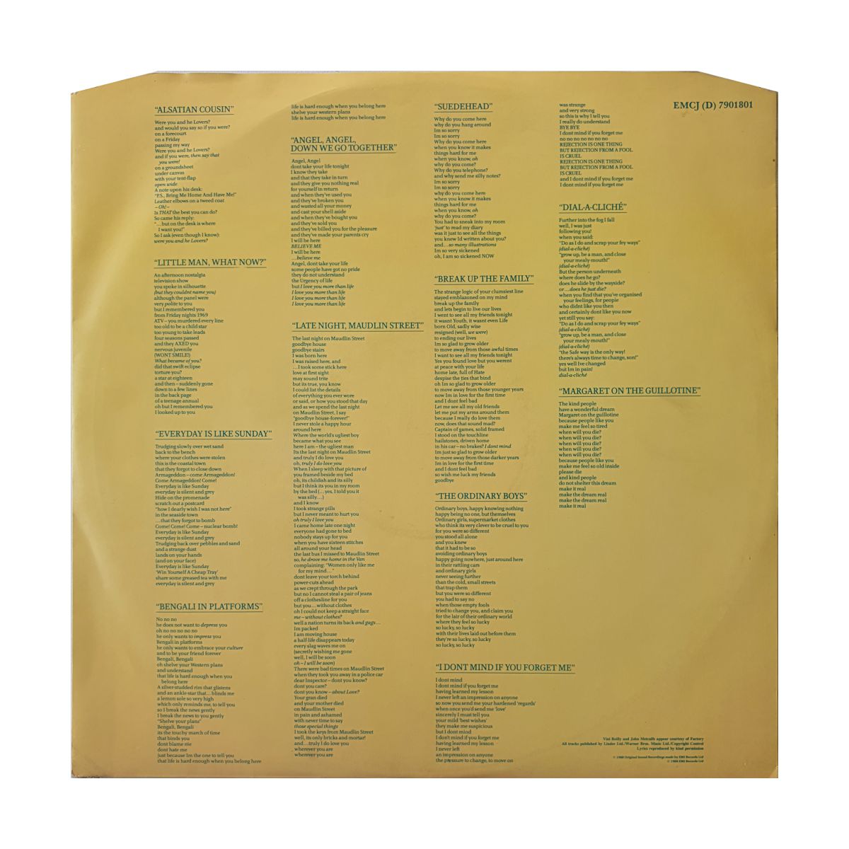 Morrisey Viva Hate inner sleeve with lyrics