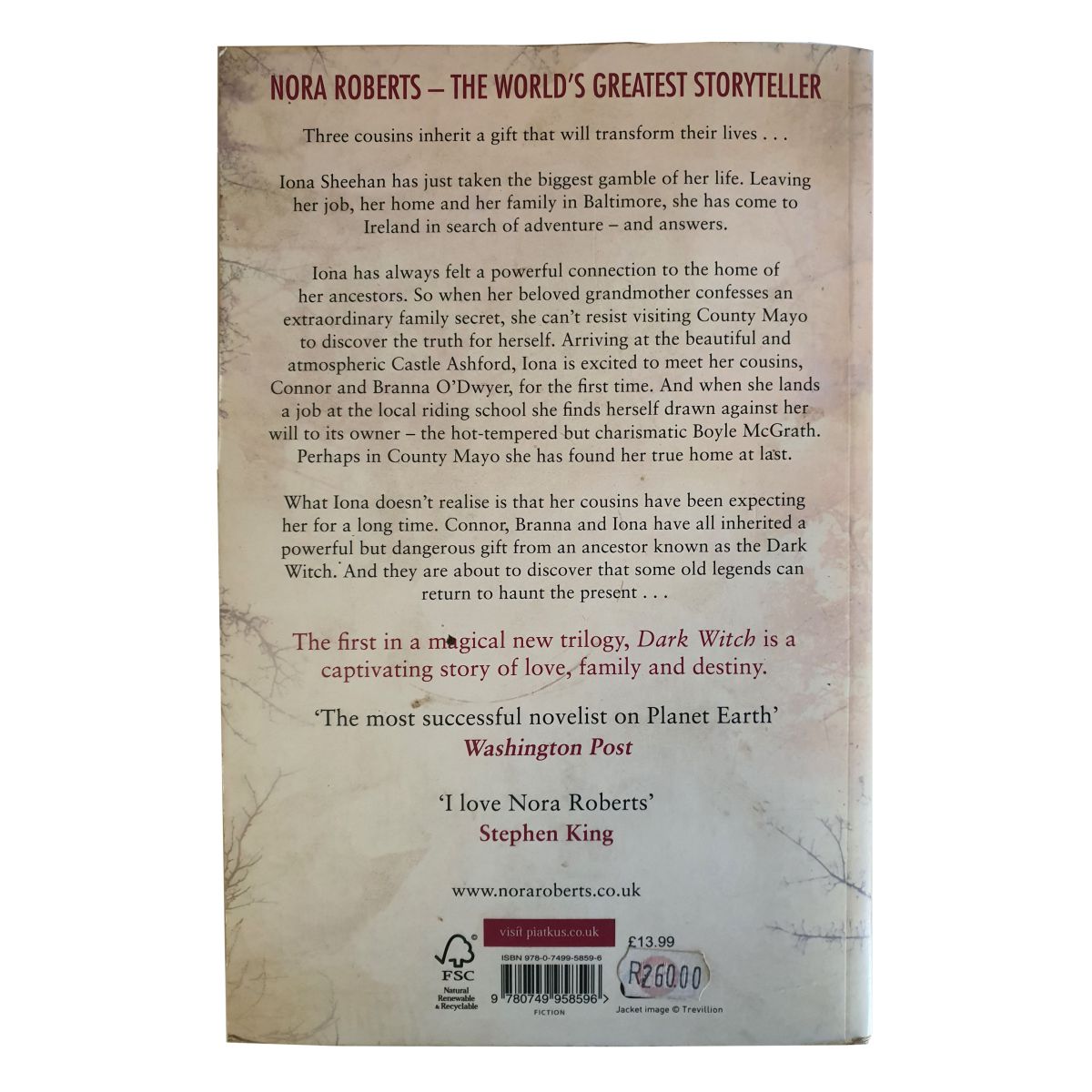 Back cover of used paperback Dark Witch by Nora Roberts with book synopsis, barcode, publisher details and price sticker