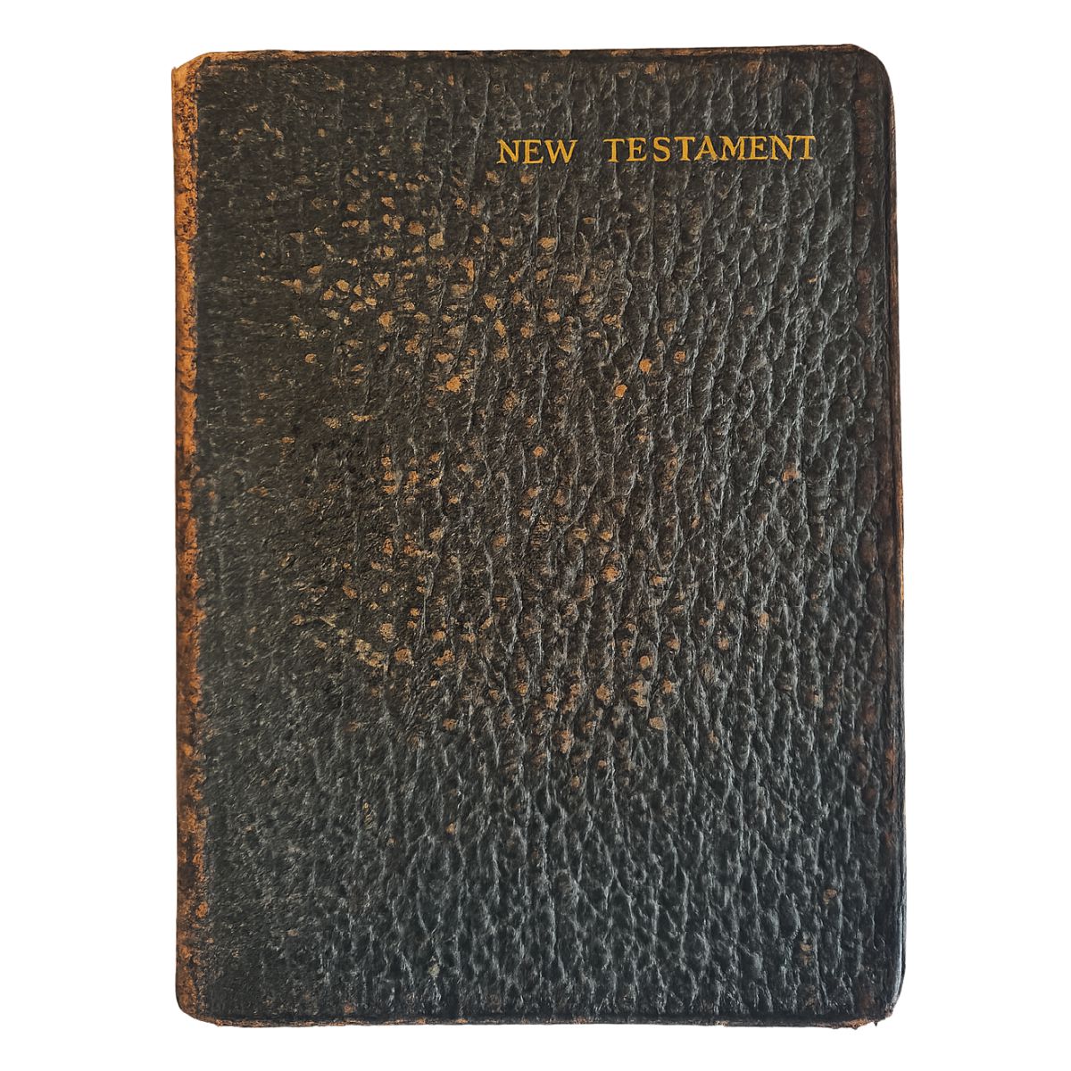 Vintage black leather New Testament Bible with gold title on cover, published by Cambridge University Press in 1916