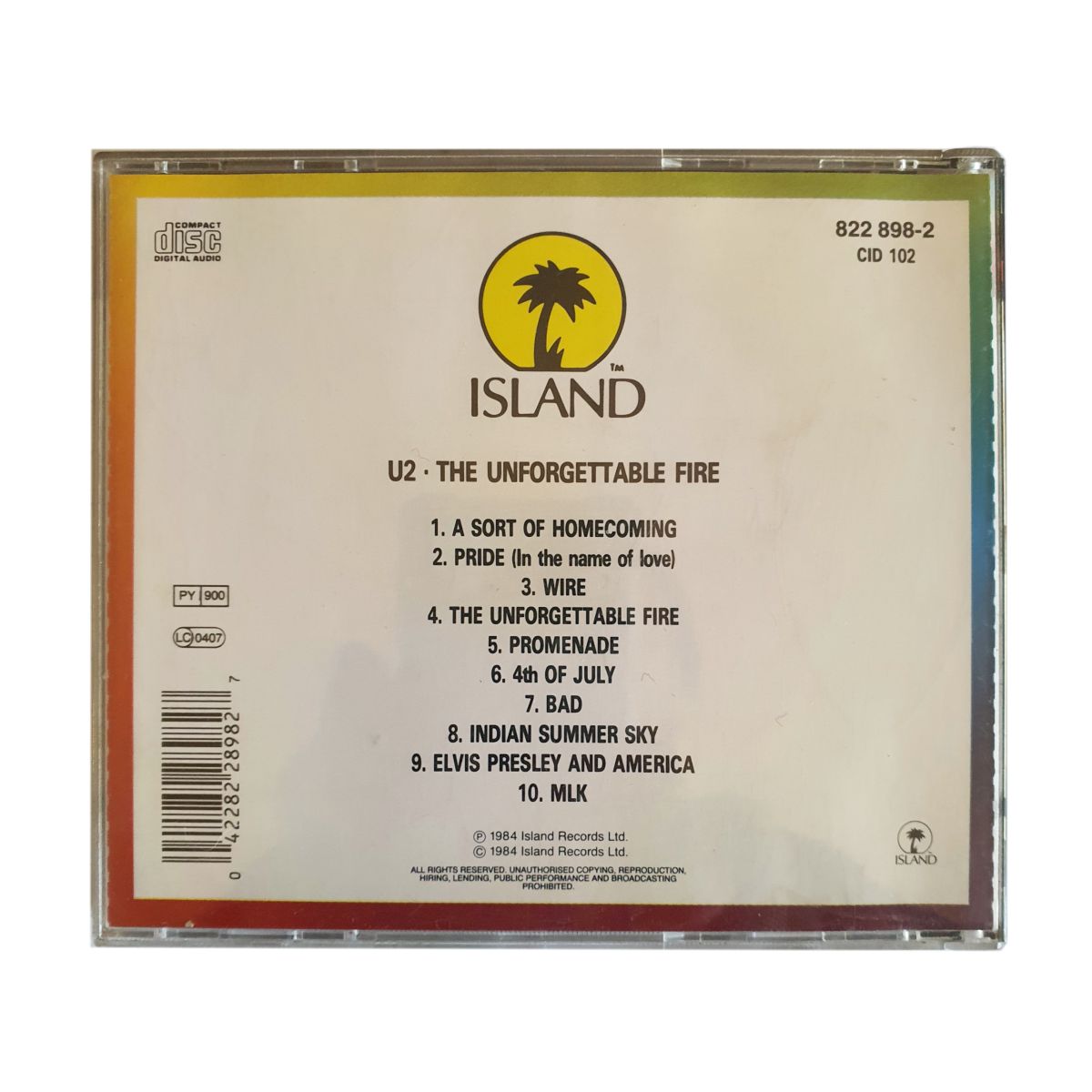Back cover of U2 The Unforgettable Fire CD (822 898-2 CID 102) showing the track listing on Island Records