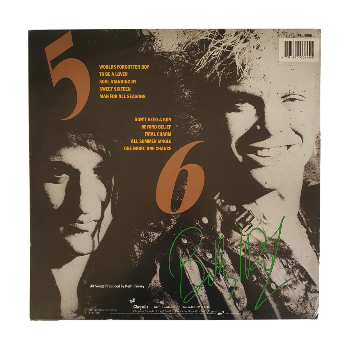 Billy Idol Whiplash Smile vinyl LP (ML 4865) back cover