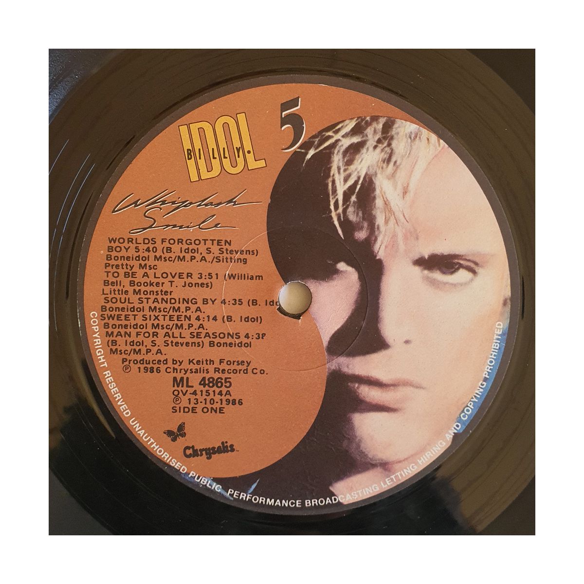 Billy Idol Whiplash Smile vinyl LP (ML 4865) side 1 label