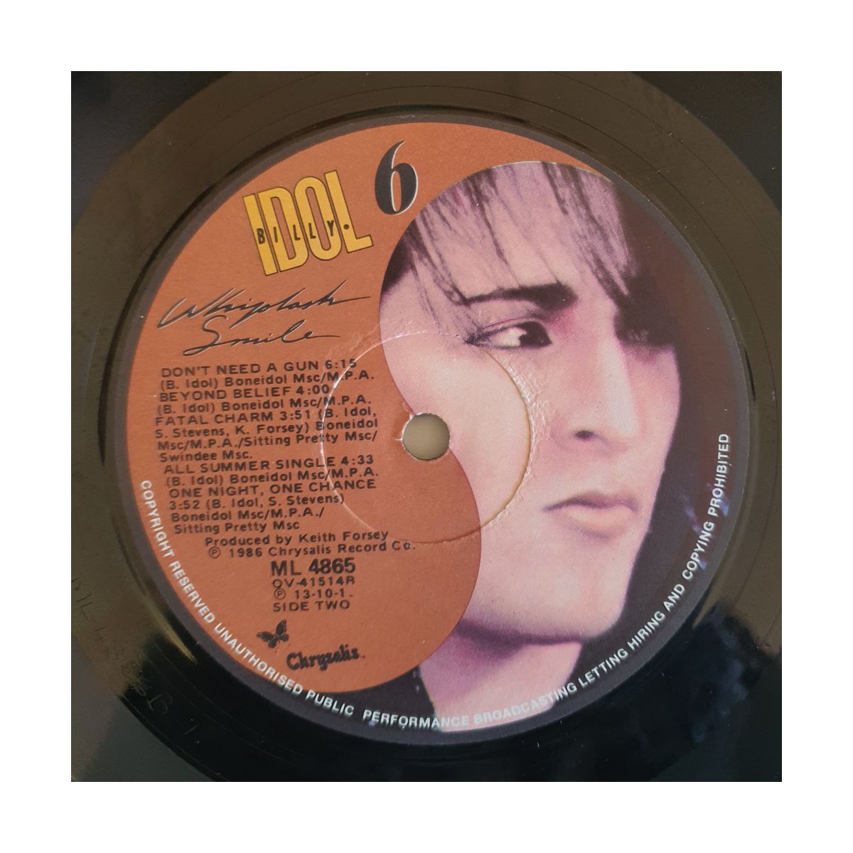 Billy Idol Whiplash Smile vinyl LP (ML 4865) side 2 label