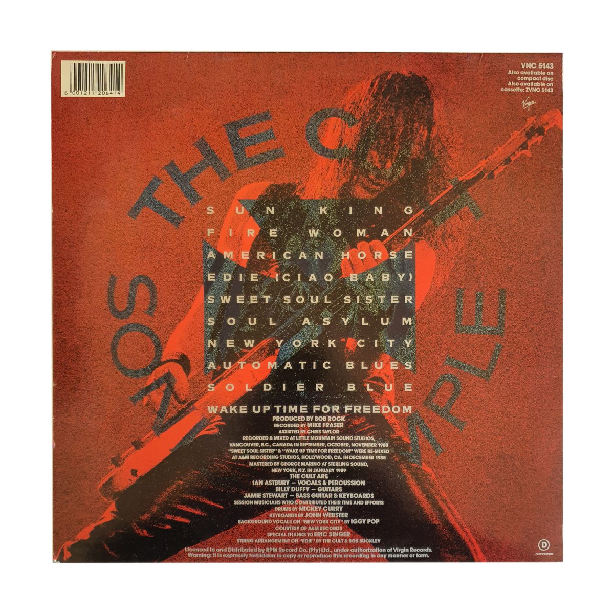 The Cult Sonic Temple South African vinyl back cover
