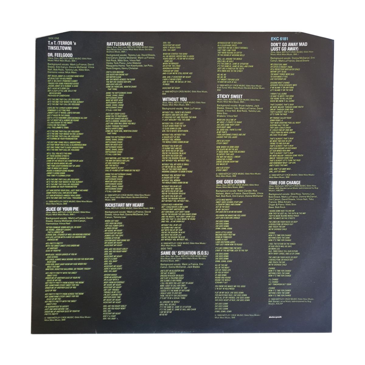 Mötley Crüe Dr. Feelgood LP inner sleeve with lyrics