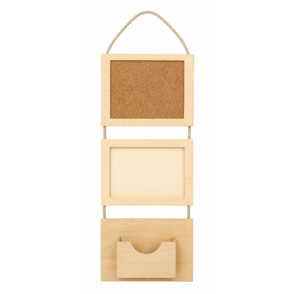 Ready to paint wooden wall organiser with cork board and storage pocket for DIY arts and crafts